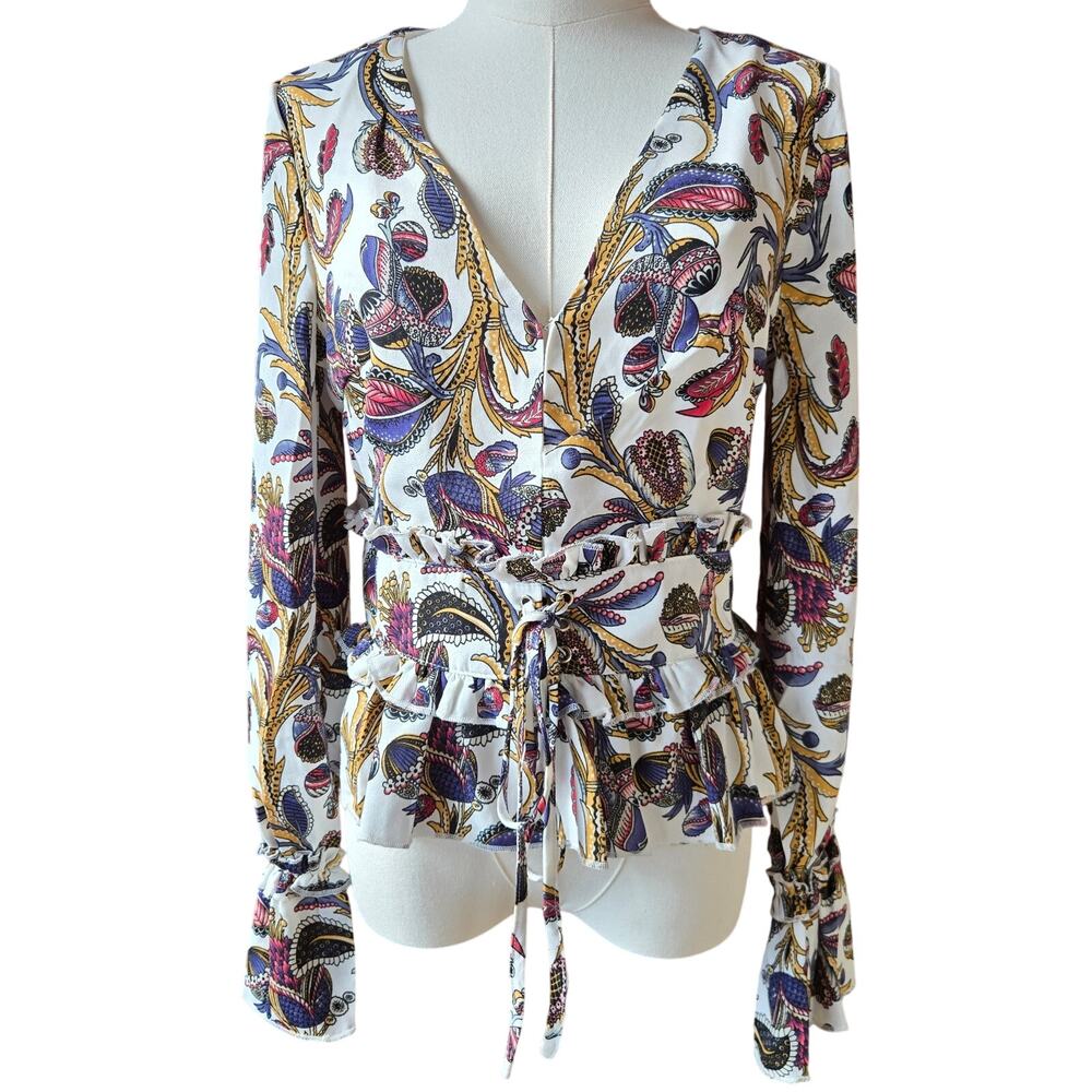 Franco Womens Paisley Floral Hippie Boho Belted Peplum Bell Sleeve Blouse Size M